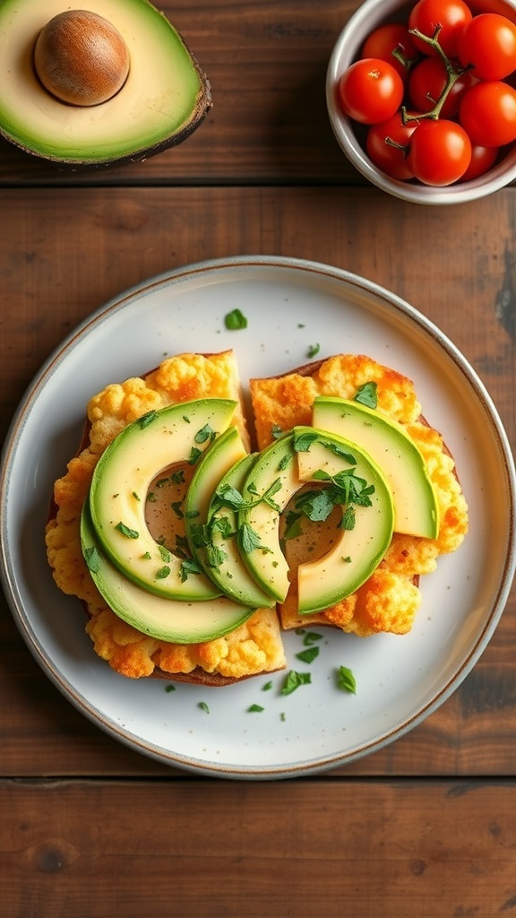 Crispy cauliflower toast topped with avocado and herbs on a wooden table.